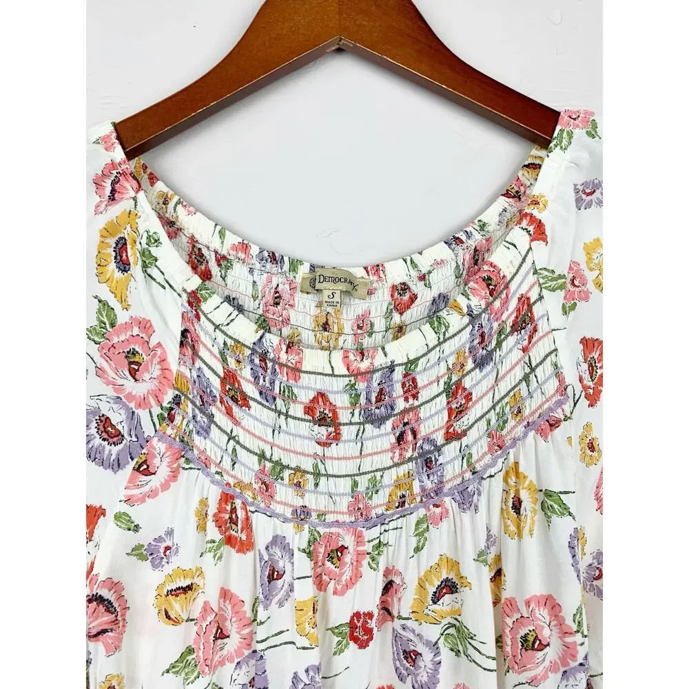 Democracy Blouse Cream Floral Top Flowy Women's S Boho Festival Cottagecore